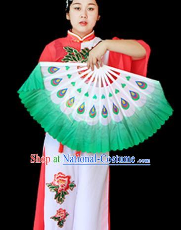 Traditional Chinese Folk Dance Green Ribbon Mulan Fan Stage Performance Yangko Dance Silk Folding Fan