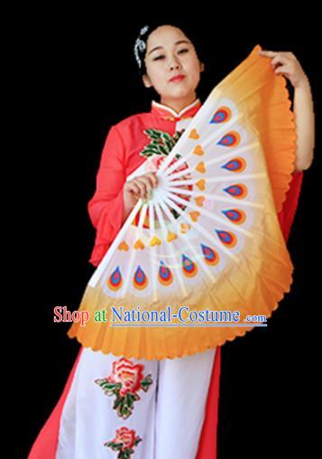 Traditional Chinese Folk Dance Orange Ribbon Mulan Fan Stage Performance Yangko Dance Silk Folding Fan