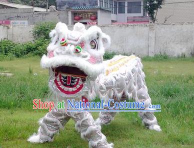 Chinese Traditional Lion Dance White Costume Fur Lion Head Lantern Festival Folk Dance Prop Complete Set