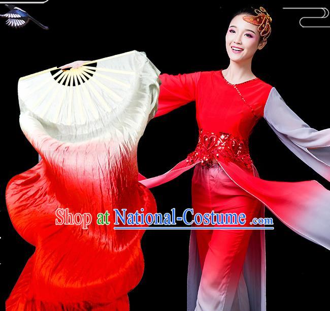 Traditional Chinese Folk Dance Red Silk Fan Stage Performance Yangko Dance Ribbon Folding Fan