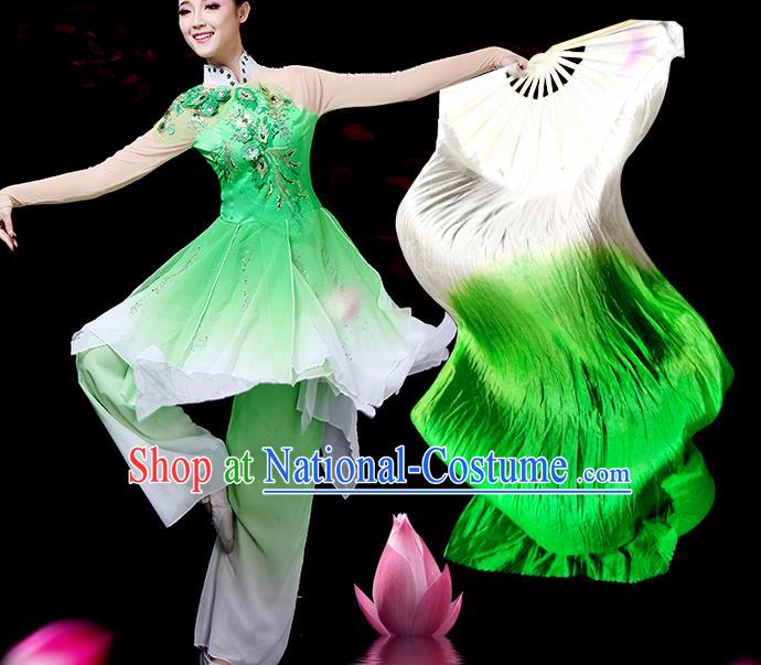 Traditional Chinese Folk Dance Green Silk Fan Stage Performance Yangko Dance Ribbon Folding Fan