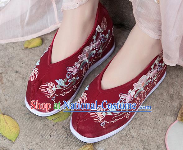 Asian Chinese Traditional Wedding Shoes Embroidered Purplish Red Shoes Opera Shoes Hanfu Shoes for Women