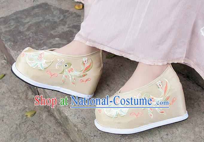 Asian Chinese Traditional Wedding Shoes Embroidered Khaki Shoes Opera Shoes Hanfu Shoes for Women