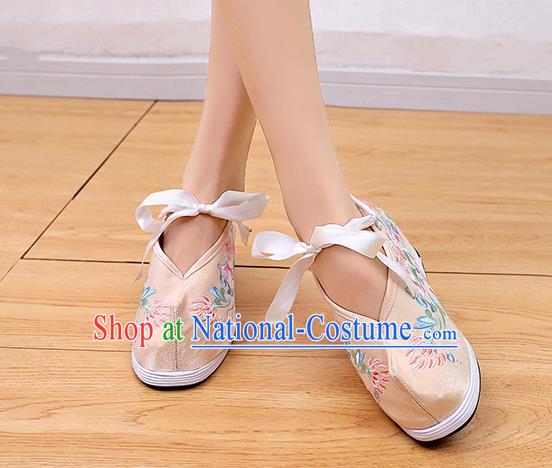 Asian Chinese Traditional Wedding Beige Satin Shoes Embroidered Shoes Opera Shoes Hanfu Shoes for Women