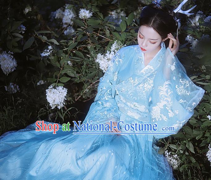 Traditional Chinese Jin Dynasty Imperial Consort Blue Hanfu Dress Ancient Nobility Lady Historical Costumes for Women