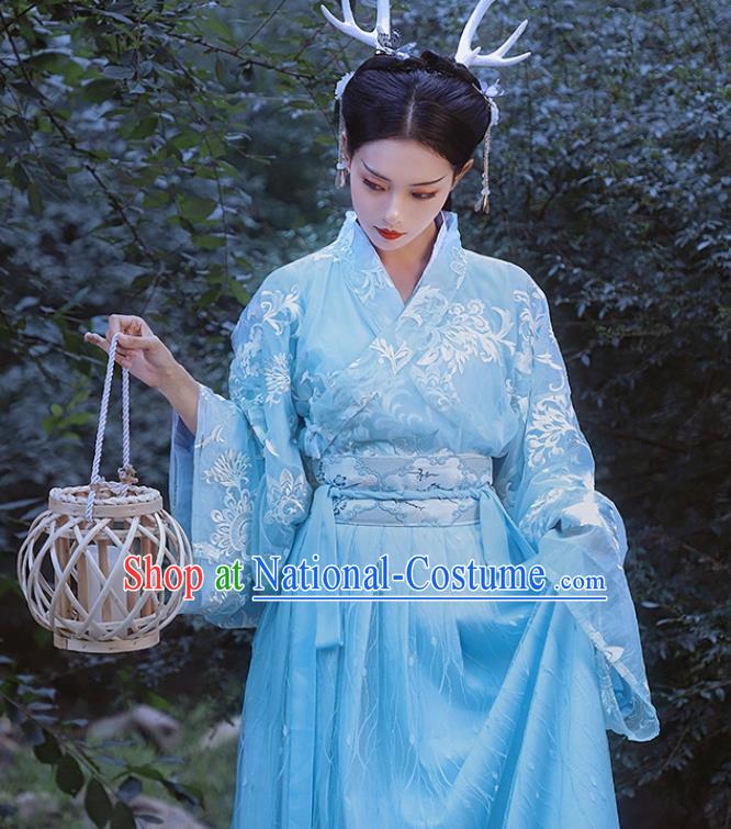 Traditional Chinese Jin Dynasty Imperial Consort Blue Hanfu Dress Ancient Nobility Lady Historical Costumes for Women