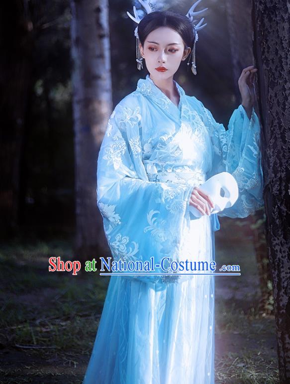 Traditional Chinese Jin Dynasty Imperial Consort Blue Hanfu Dress Ancient Nobility Lady Historical Costumes for Women