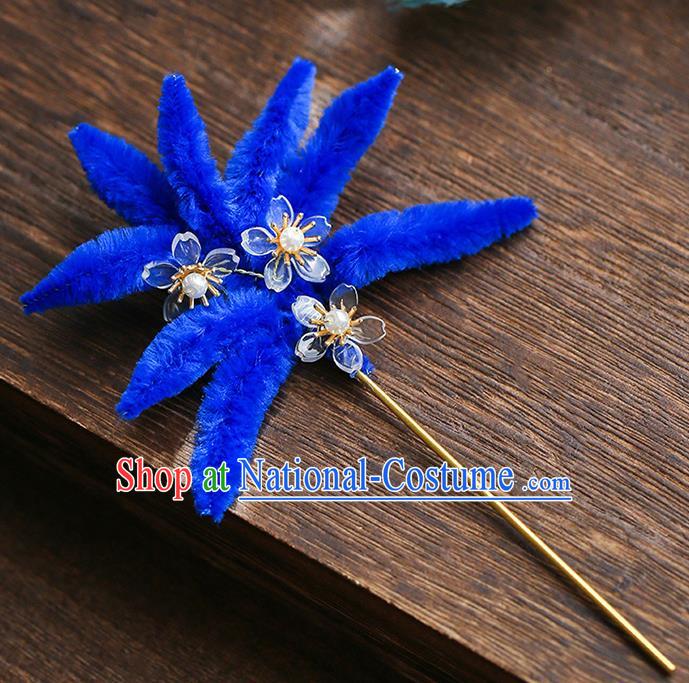 Chinese Traditional Hanfu Royalblue Velvet Hairpins Ancient Qing Dynasty Hair Accessories for Women