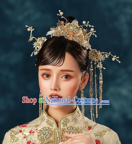 Chinese Traditional Wedding Bride Golden Butterfly Opal Hair Comb and Tassel Hairpins Hair Accessories for Women