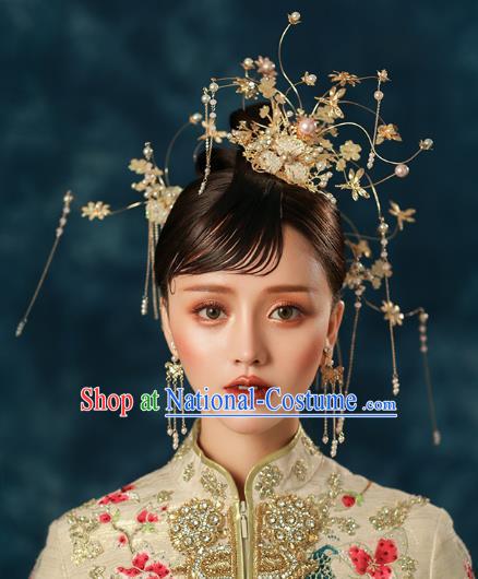 Chinese Traditional Wedding Bride Golden Flowers Hair Comb and Tassel Hairpins Hair Accessories for Women