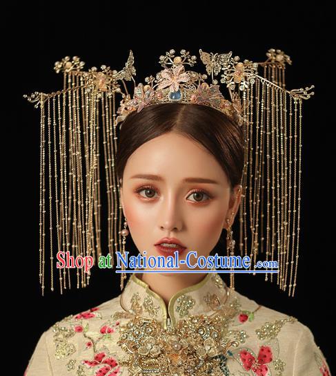 Chinese Traditional Wedding Bride Peach Blossom Phoenix Coronet Hairpins Hair Accessories for Women