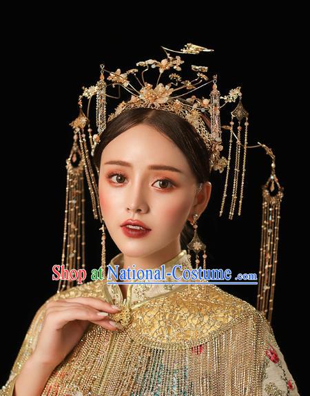 Chinese Traditional Wedding Bride Golden Pine Birds Phoenix Coronet Hairpins Hair Accessories for Women