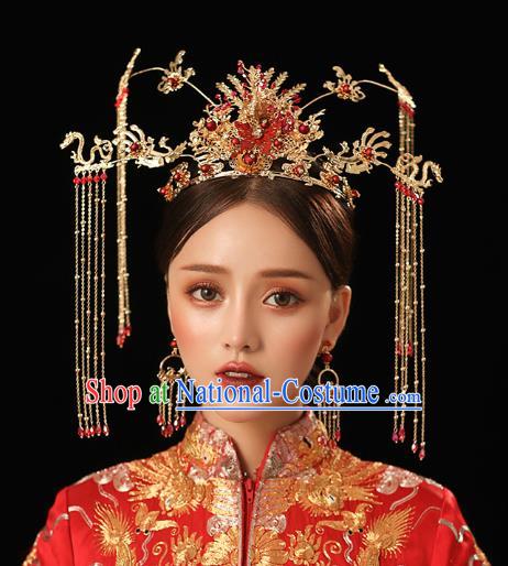 Chinese Traditional Wedding Bride Golden Dragon Phoenix Coronet Hairpins Hair Accessories for Women