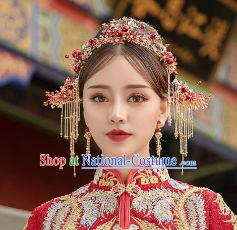 Chinese Traditional Wedding Bride Red Beads Hair Crown Hairpins Hair Accessories for Women