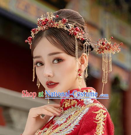 Chinese Traditional Wedding Bride Red Beads Hair Crown Hairpins Hair Accessories for Women