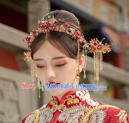 Chinese Traditional Wedding Bride Red Beads Hair Crown Hairpins Hair Accessories for Women