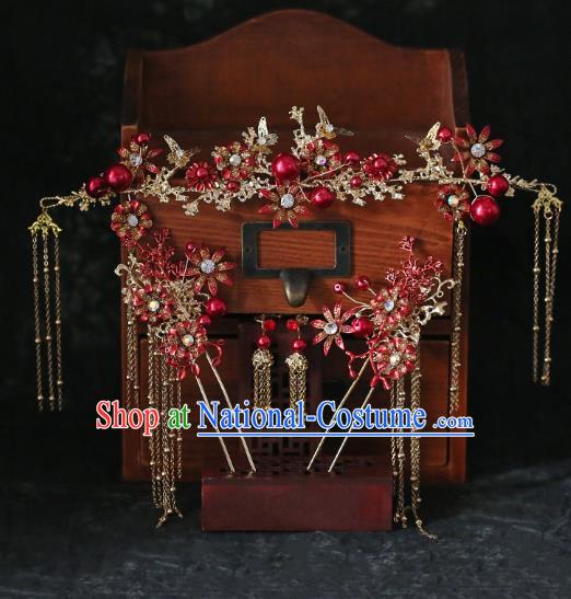 Chinese Traditional Wedding Bride Red Beads Hair Crown Hairpins Hair Accessories for Women