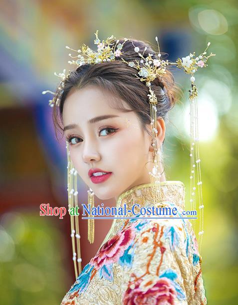 Chinese Traditional Wedding Bride Golden Leaf Hair Comb and Tassel Hairpins Hair Accessories for Women