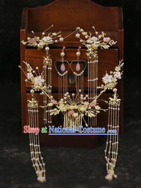 Chinese Traditional Wedding Bride Golden Leaf Hair Comb and Tassel Hairpins Hair Accessories for Women