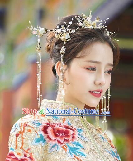 Chinese Traditional Wedding Bride Golden Leaf Hair Comb and Tassel Hairpins Hair Accessories for Women