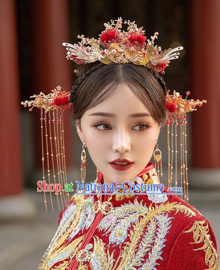 Chinese Traditional Wedding Bride Phoenix Coronet Hair Comb and Tassel Hairpins Hair Accessories for Women