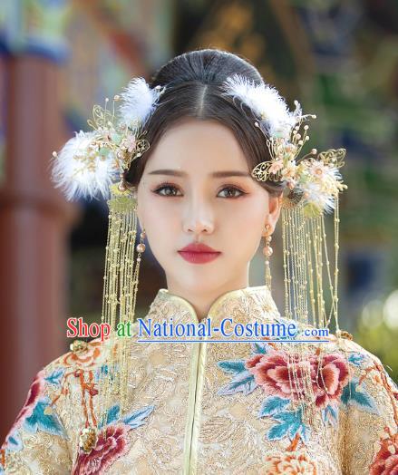 Chinese Traditional Wedding Bride Hair Comb and Feather Tassel Hairpins Hair Accessories for Women