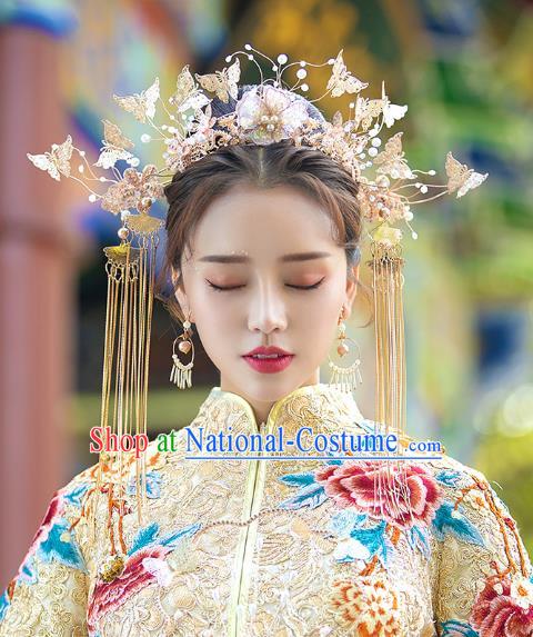 Chinese Traditional Wedding Bride Peach Butterfly Phoenix Coronet Hairpins Hair Accessories for Women