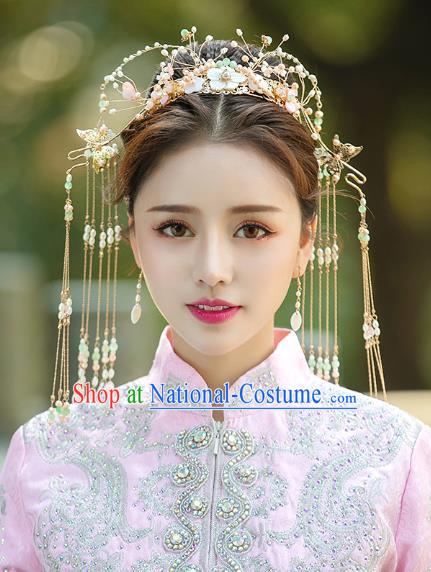 Chinese Traditional Ancient Bride Pearls Tassel Phoenix Coronet Wedding Hair Accessories for Women