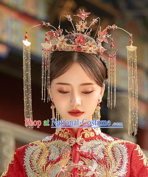 Chinese Traditional Ancient Bride Red Butterfly Tassel Phoenix Coronet Wedding Hair Accessories for Women