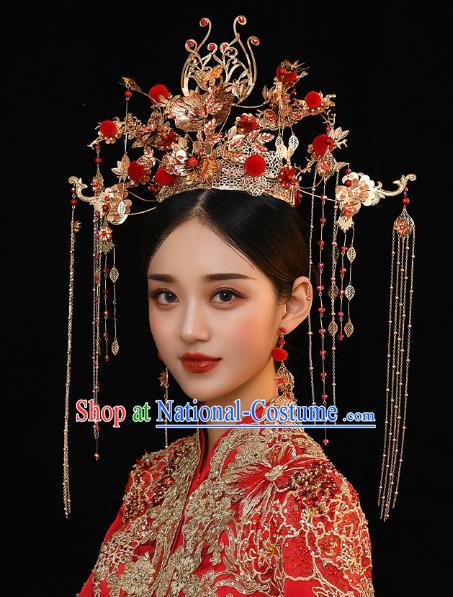 Chinese Traditional Ancient Bride Red Venonat Phoenix Coronet Wedding Hair Accessories for Women