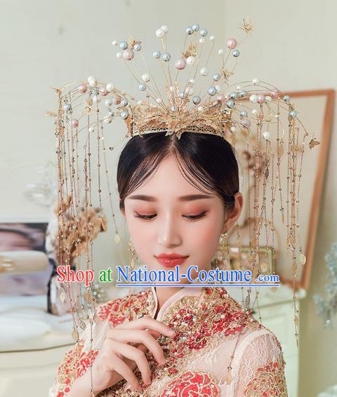 Chinese Traditional Ancient Bride Beads Phoenix Coronet Wedding Hair Accessories for Women