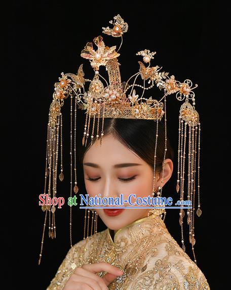 Chinese Traditional Ancient Bride Golden Butterfly Tassel Phoenix Coronet Wedding Hair Accessories for Women