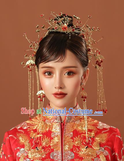 Chinese Traditional Wedding Bride Red Flower Hair Comb and Tassel Hairpins Hair Accessories for Women