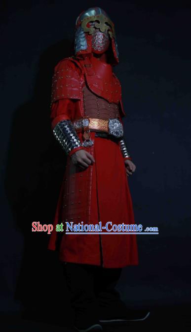 Chinese Traditional Yuan Dynasty General Red Body Armor Ancient Swordsman Costumes for Men