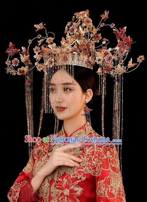 Chinese Traditional Ancient Bride Red Butterfly Phoenix Coronet Wedding Hair Accessories for Women