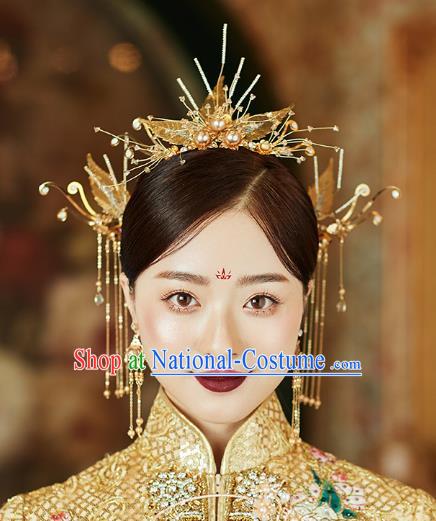 Chinese Traditional Hanfu Golden Leaf Hair Comb Tassel Hairpins Ancient Princess Hair Accessories for Women