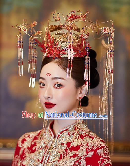 Chinese Traditional Ancient Bride Headdress Red Flowers Phoenix Coronet Wedding Hair Accessories for Women