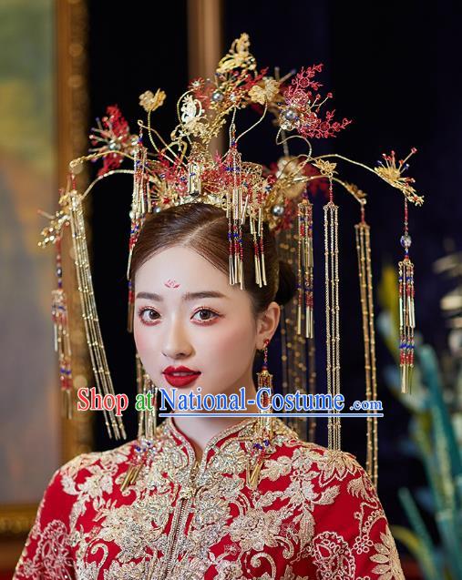 Chinese Traditional Ancient Bride Headdress Red Leaf Tassel Phoenix Coronet Wedding Hair Accessories for Women