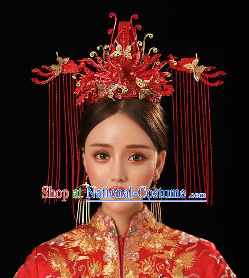 Chinese Traditional Ancient Bride Headdress Red Tassel Phoenix Coronet Wedding Hair Accessories for Women