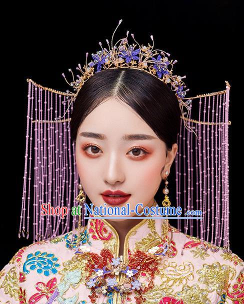 Chinese Traditional Ancient Purple Flowers Tassel Phoenix Coronet Bride Headdress Wedding Hair Accessories for Women