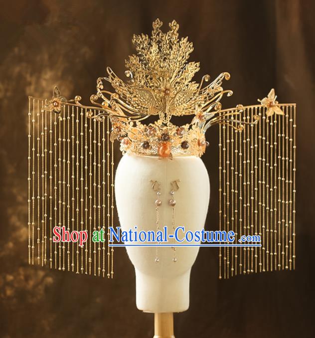 Chinese Traditional Ancient Golden Phoenix Coronet Hairpins Bride Headdress Wedding Hair Accessories for Women