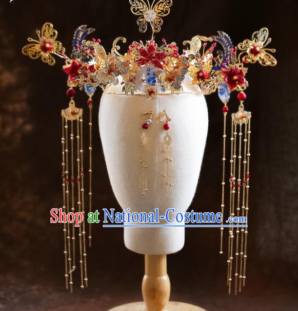 Chinese Ancient Red Pomegranate Flower Phoenix Coronet Hairpins Bride Headdress Traditional Wedding Hair Accessories for Women