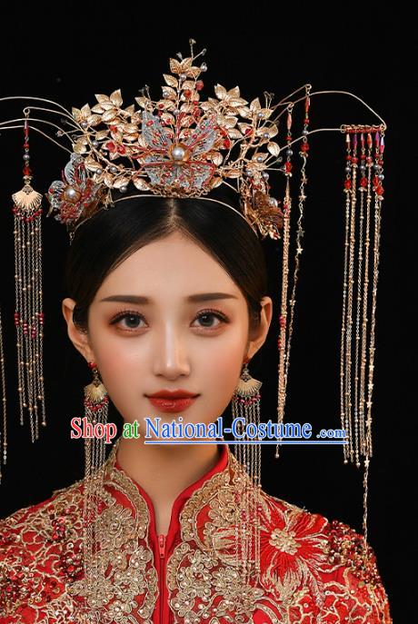 Chinese Ancient Blue Butterfly Phoenix Coronet Hairpins Bride Headdress Traditional Wedding Hair Accessories for Women