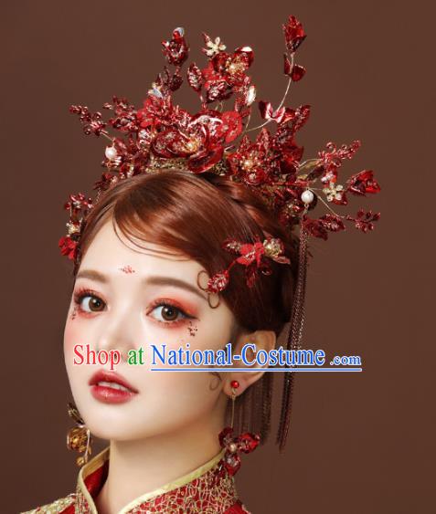 Chinese Ancient Red Flowers Phoenix Coronet Hairpins Bride Headdress Traditional Wedding Hair Accessories for Women