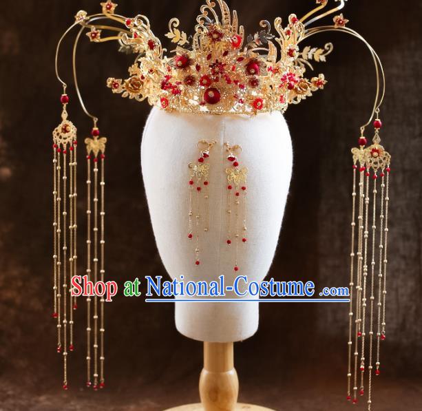 Chinese Ancient Golden Phoenix Coronet Bride Headdress Traditional Wedding Hair Accessories for Women