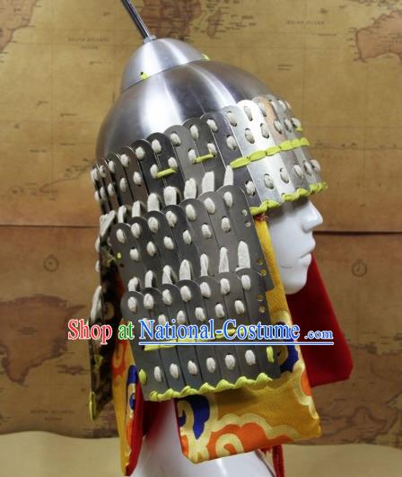 Chinese Traditional Yuan Dynasty General Argent Helmet Ancient Soldier Hat Headwear for Men