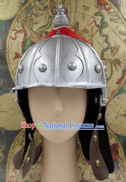 Chinese Traditional Ming Dynasty General Argent Helmet Ancient Soldier Hat Headwear for Men