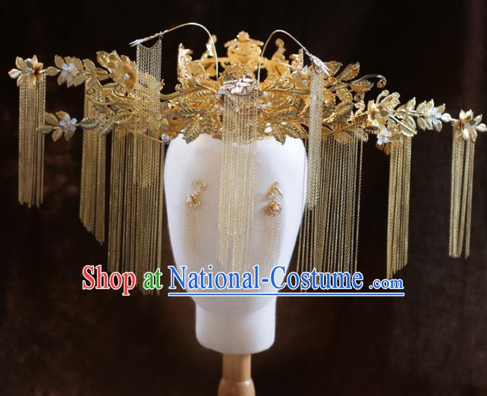 Chinese Ancient Bride Headdress Golden Phoenix Coronet Traditional Wedding Hair Accessories for Women