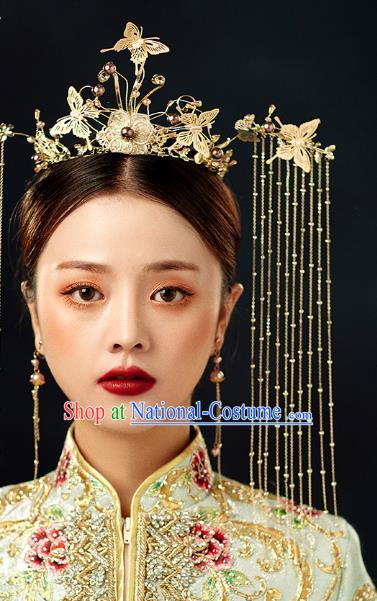 Chinese Wedding Headdress Golden Butterfly Phoenix Coronet Traditional Ancient Bride Hair Accessories for Women