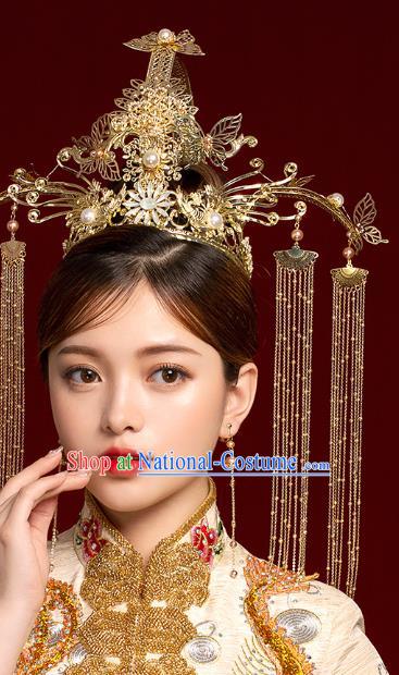 Chinese Wedding Headdress Golden Deluxe Phoenix Coronet Traditional Ancient Bride Hair Accessories for Women